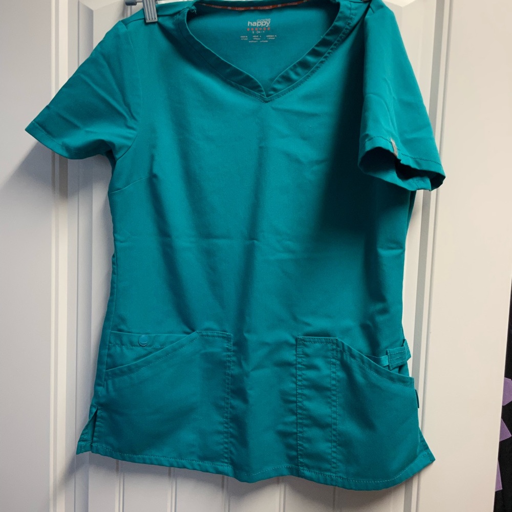 Teal Healing hands medium scrub bottoms and code happy small top